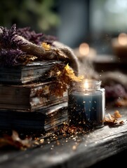 Cozy Autumn Reading Scene with Candle and Books. Generative AI