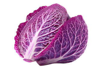 Half-Cut Red Cabbage with Intense Violet Veins and Crisp Texture on White Background, On Transparent Background, Png