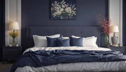 Peaceful navy bedroom, blooming flowers in vase beside king bed ,  photography,  bedside,  shadow