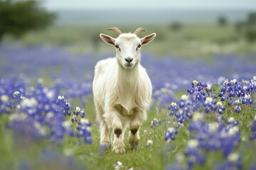 Obraz premium White goat in a field of bluebonnets