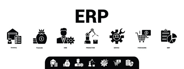 ERP banner web icon set vector illustration concept for enterprise resource planning with icon of inventory, financials, hrm, production, service, purchasing, and mrp