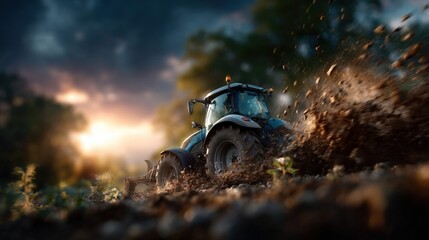 Tractor Plowing Field at Sunrise on National Agriculture Day. Generative AI