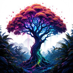 a bioluminescent amazon tree concept clipart, fantasy jungle flora, neon glow style, surreal colors, png transparent