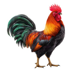 Fototapeta premium Majestic rooster with vibrant orange and green plumage isolated transparent background