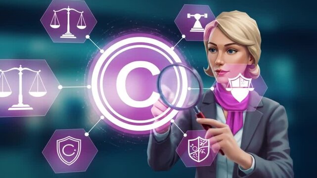 Woman with magnifying glass examining copyright symbol surrounded by law and protection icons