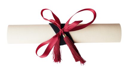 Rolled diploma tied with red ribbon isolated on transparent. PNG
