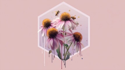 Delicate pink flowers with bees in a hexagon frame