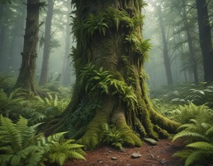 Moss-covered tree trunk with ferns, deep forest , damp, forest, rural