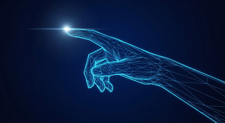 Futuristic hand touching light technology represents connection and digital interface with dark blue background