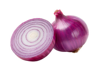 Halved Red Onion with Complex Concentric Rings and Papery Outer Skin on White Background, On Transparent Background, Png