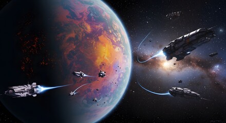 Spaceship Battle Near Planet in Deep Space