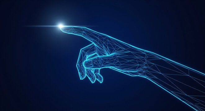 Futuristic hand touching light technology represents connection and digital interface with dark blue background