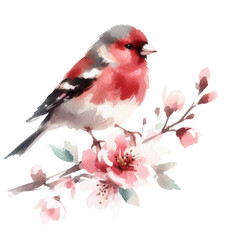 Crimson bird perched on blossoming branch