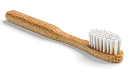 Sustainable bamboo toothbrush with soft white bristles, an eco-friendly and natural alternative for daily oral hygiene, emphasizing conscious personal care.