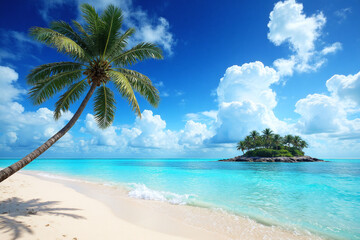 lone palm tree on a sandy beach next to the ocean