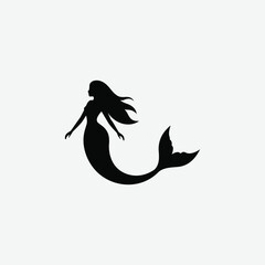 Minimalist Mermaid Silhouette Vector – 2D Black Flat Design on White Background