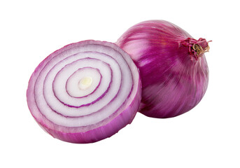 Halved Red Onion with Complex Concentric Rings and Papery Outer Skin on White Background, On Transparent Background, Png