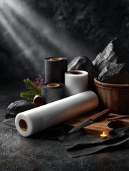 Monochrome photography tools and film rolls in a darkroom setting. Generative AI