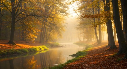 Obraz premium Autumn Forest and River Scene