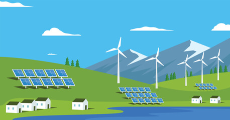 Wind power generator and solar panel, renewable energy power, natural landscape