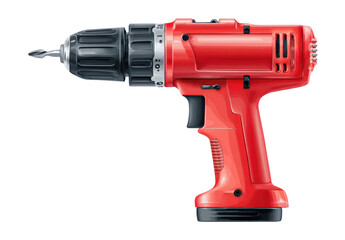 Red cordless electric drill with black chuck isolated on transparent background