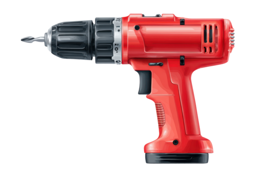 Red cordless electric drill with black chuck isolated on transparent background