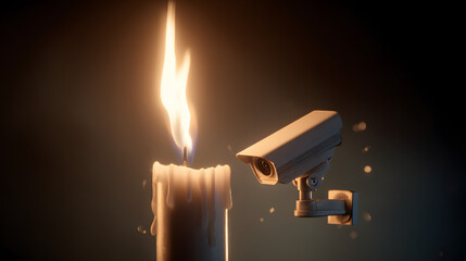 A lone candle's flame battles the watchful eye of a security camera, representing the struggle for privacy and freedom against constant surveillance