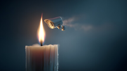 Surveillance camera observing a lit candle, representing the erosion of privacy in the digital age and constant monitoring
