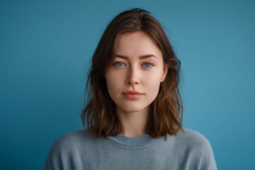Obraz premium Neutral Young Woman with Direct Gaze, Blue Background, Minimalist 8K Portrait