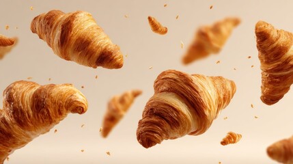 Golden croissants in mid-air, a delicious display of baked goods