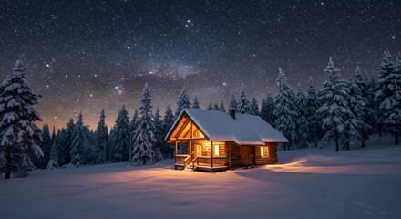 Winter Cabin Under Starry Sky