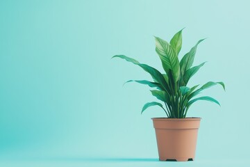 Fototapeta premium Peaceful plant in terracotta pot against teal