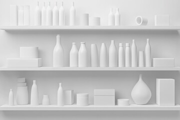 White shelves filled with various white containers