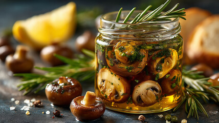 Delicious marinated mushrooms in glass jar with herbs and spices