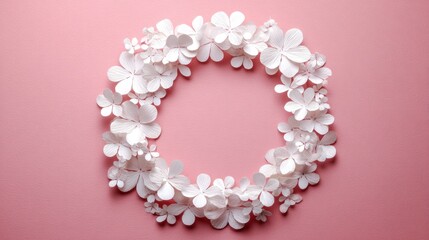 Obraz premium Delicate white flower wreath on a pink backdrop
