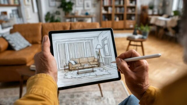 Interior Design Sketch: An individual's creative vision takes shape as they sketch an interior design on a tablet, capturing the essence of innovation and the art of transforming spaces.
