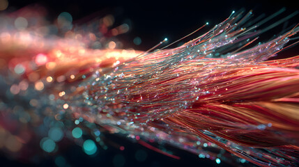 Dynamic abstract visualization of glowing digital threads and energy particles symbolizing rapid data transmission and technological connectivity in a high-speed network