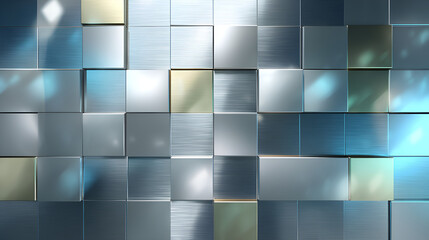 Arrangement of light blue metallic cubic panels with chamfered edges creates a textured surface.