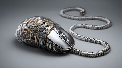 Intricate metallic wire-wrapped computer mouse showcasing a blend of advanced technology and artistic craftsmanship in a sleek, conceptual design