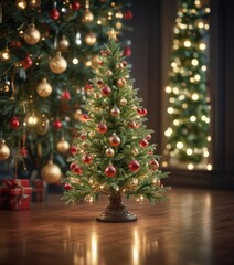 Ornate Christmas tree, glittering baubles, bokeh lights,  silver,  celebration,  decoration