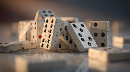 Close-up shot of a pile of scattered dominoes with a shallow depth of field, casting soft shadows on a reflective surface