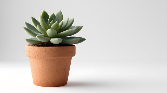 A beautiful succulent plant in a terracotta pot with a clean white background and ample copy space