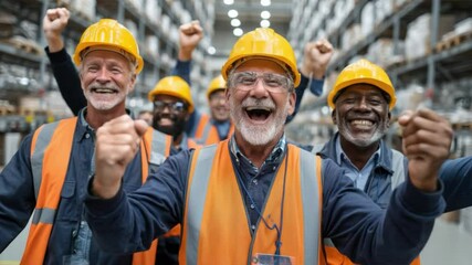 Warehouse Team's Victory: A diverse warehouse team celebrates with elation, wearing safety gear in a photo capturing their collective triumph amidst stocked shelves. - Powered by Adobe