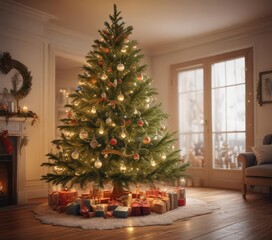 A beautifully decorated Christmas tree radiates warmth, surrounded by a dreamy, light-filled ambiance ,  image,  lights