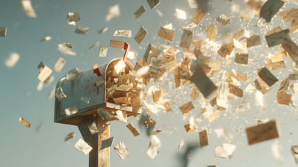 A vintage mailbox bursts open, overwhelmed by an immense cascade of letters and papers, symbolizing an unprecedented flood of information and correspondence