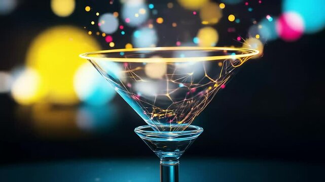 Luminous glass funnel with colorful light streaks against a dark background