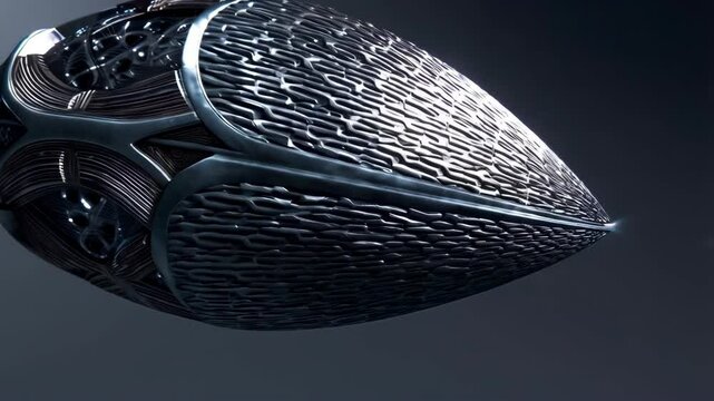 Highly detailed futuristic metallic capsule with intricate lattice design, floating in a dark, moody atmospheric environment, rendered with advanced ray tracing and lighting.