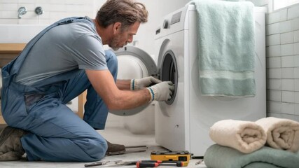 Serviceman Repairing Washing Machine: A dedicated technician meticulously inspects and repairs a washing machine in a modern bathroom setting, ensuring optimal functionality.