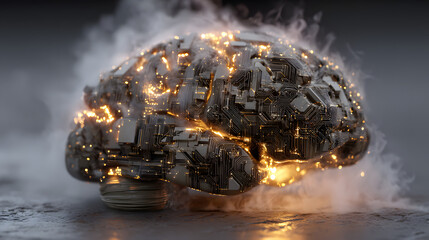 Intense digital brain crafted from glowing circuit boards, radiating energy and smoke, illustrating artificial intelligence, advanced computing, and future technology
