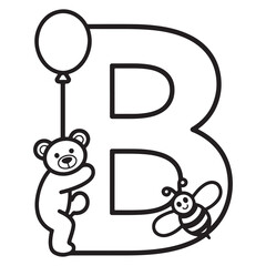 Letter B Alphabet Coloring Page with Bear, Bee and Balloon